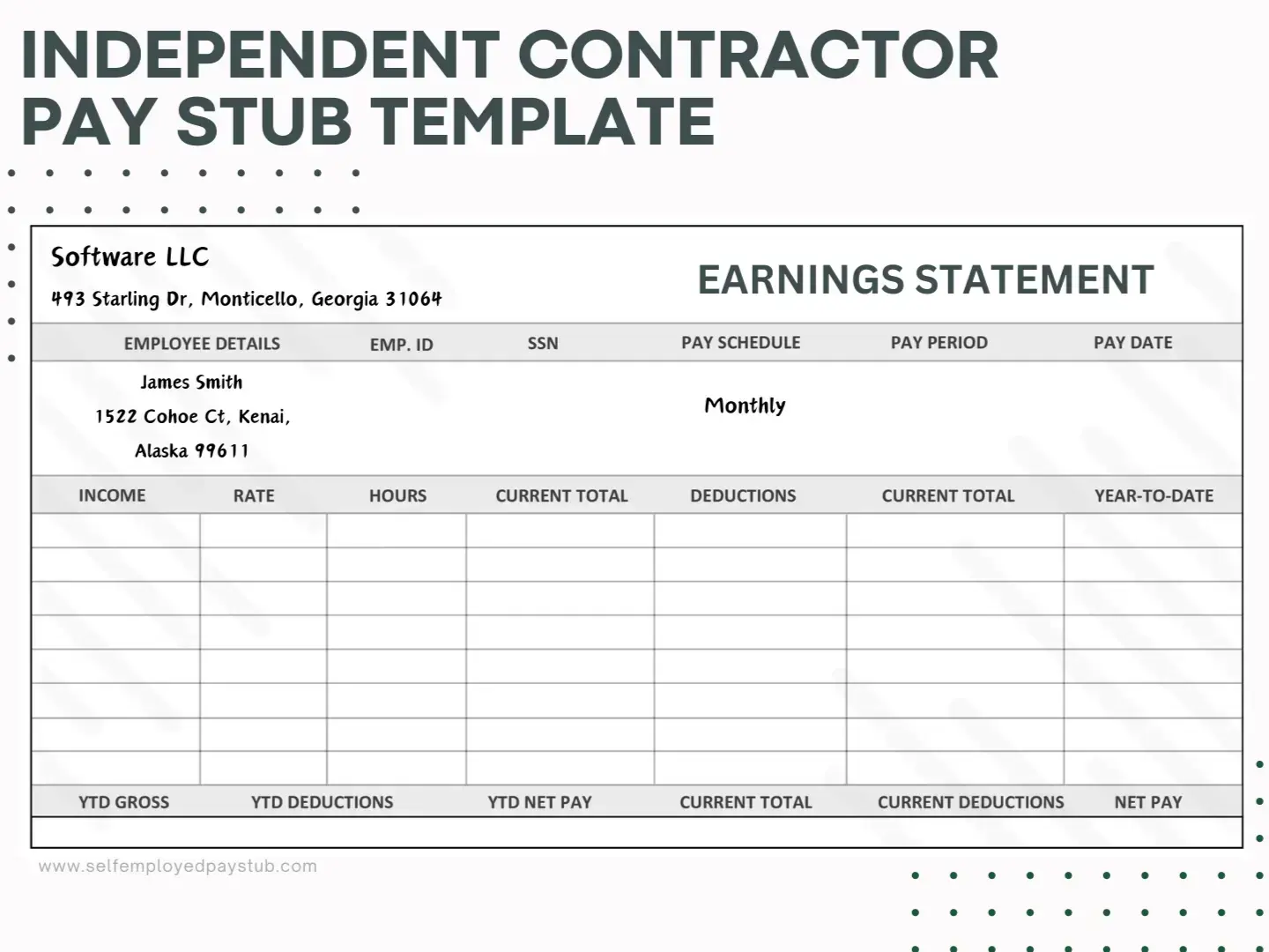Independent contractors can use various software or online pay stub generators to create their pay stubs. Independent Contractor Pay Stub